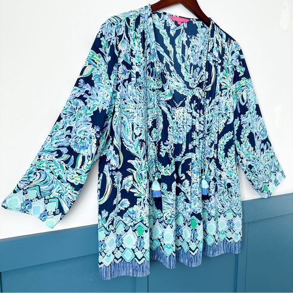 Lilly Pulitzer Top LARGE Marilina Tunic Navy Scuba Doo High Tide Tassel - Picture 3 of 8